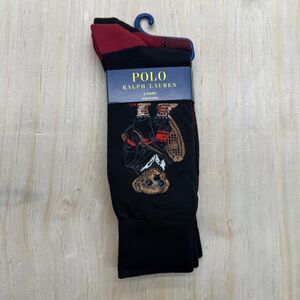 NEW Polo Ralph Lauren Mens Polo Bear Trouser Socks Black Red Sz 10-13 2 Pack